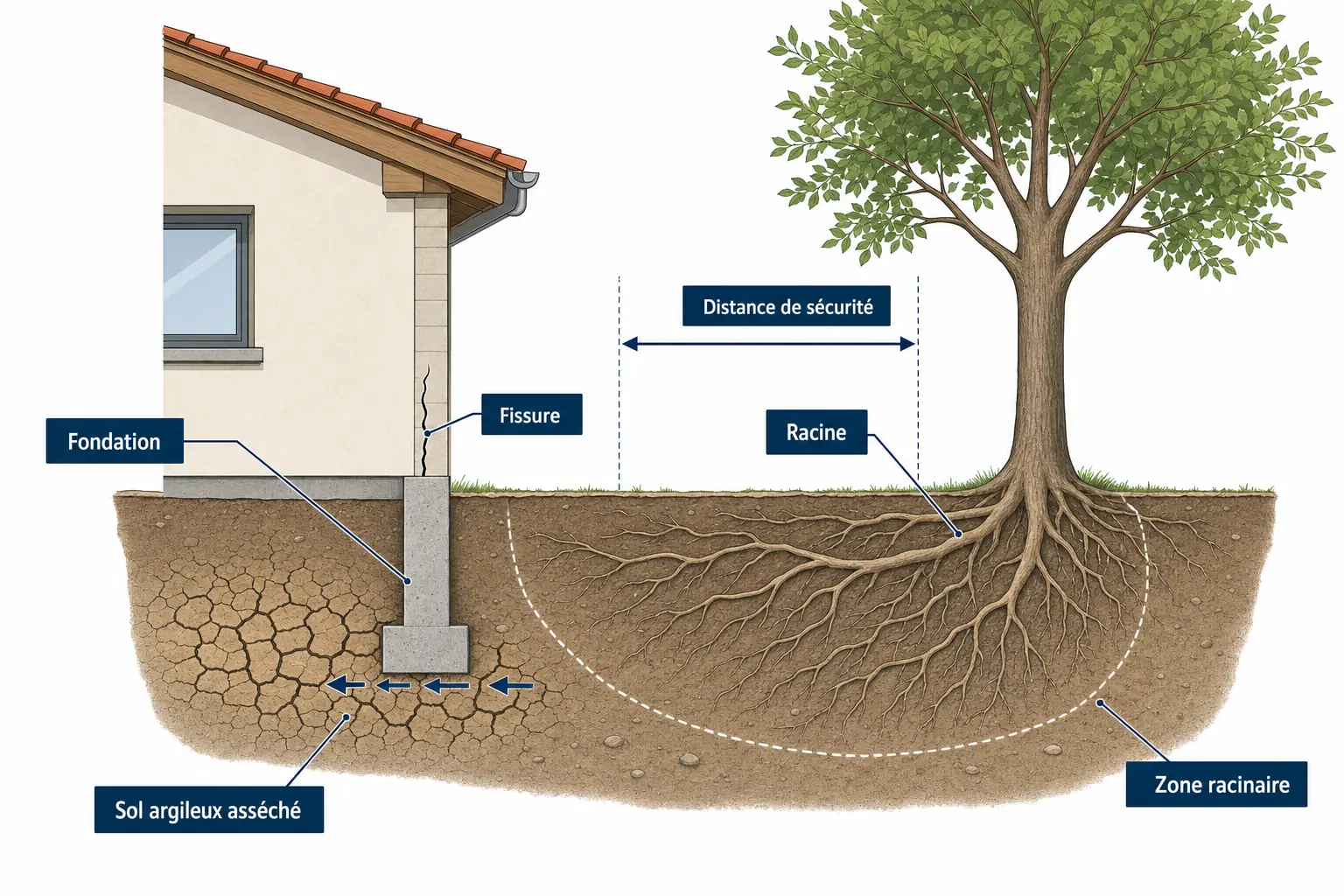 Schéma en coupe illustrant comment les racines d'un arbre proche d'une maison peuvent assécher le sol sous la fondation