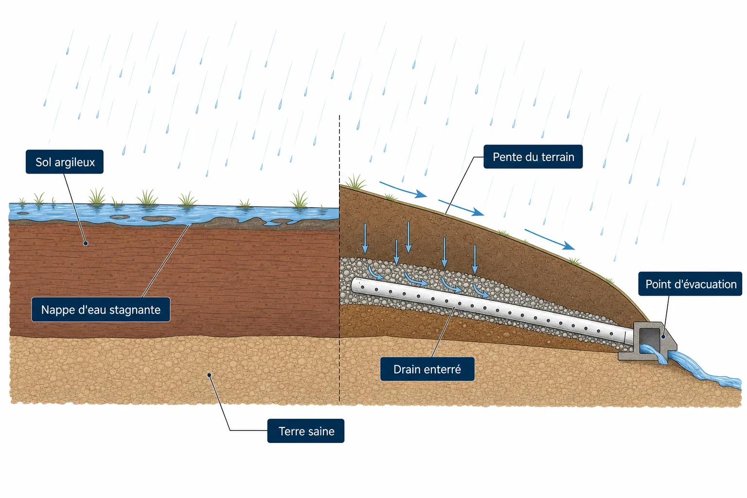 Schéma en coupe comparant un terrain sans drainage où l'eau stagne et un terrain équipé d'un drain enterré.