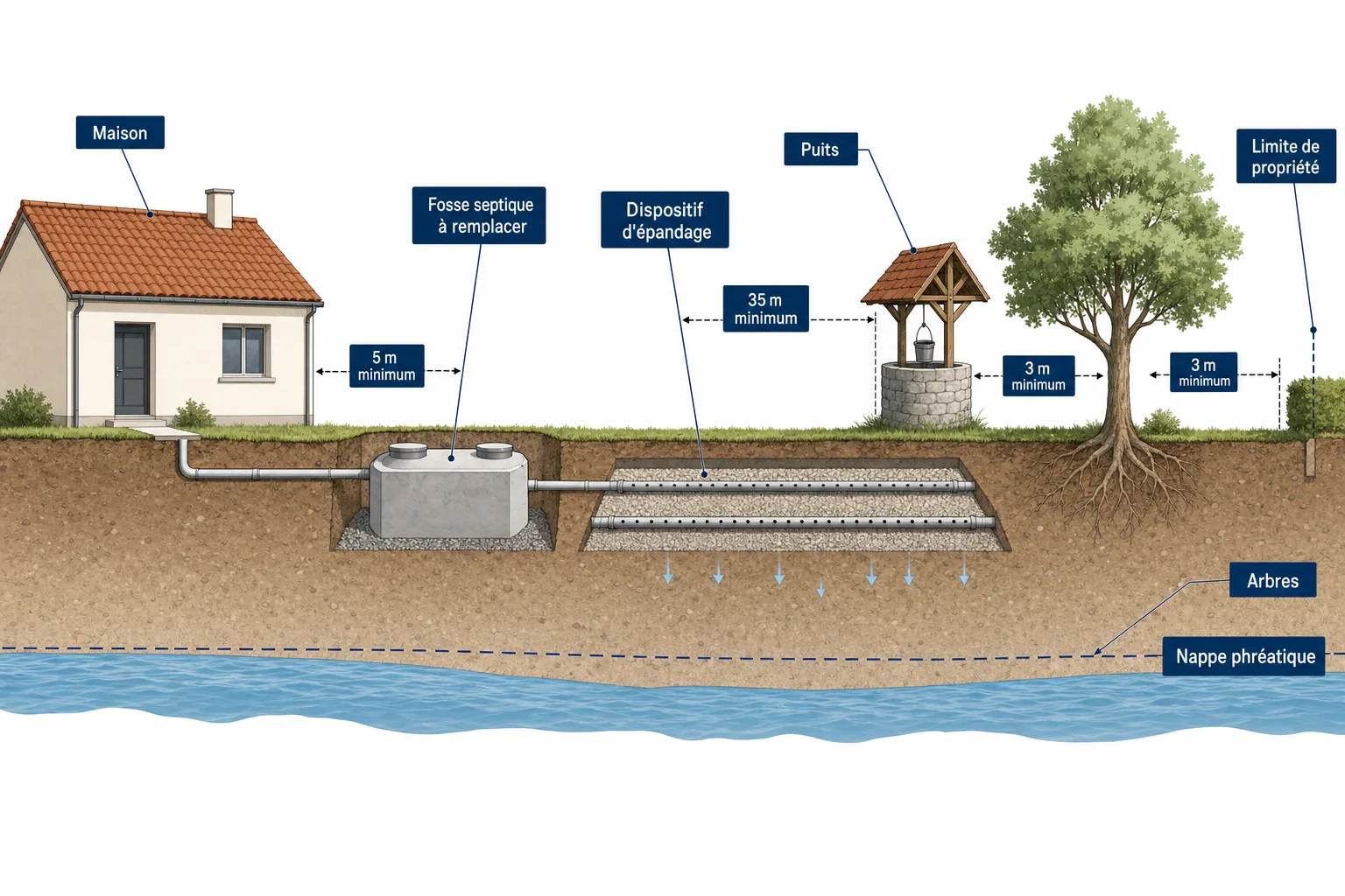 Coupe de terrain indiquant les distances réglementaires et le niveau de l'eau souterraine autour d'une fosse septique