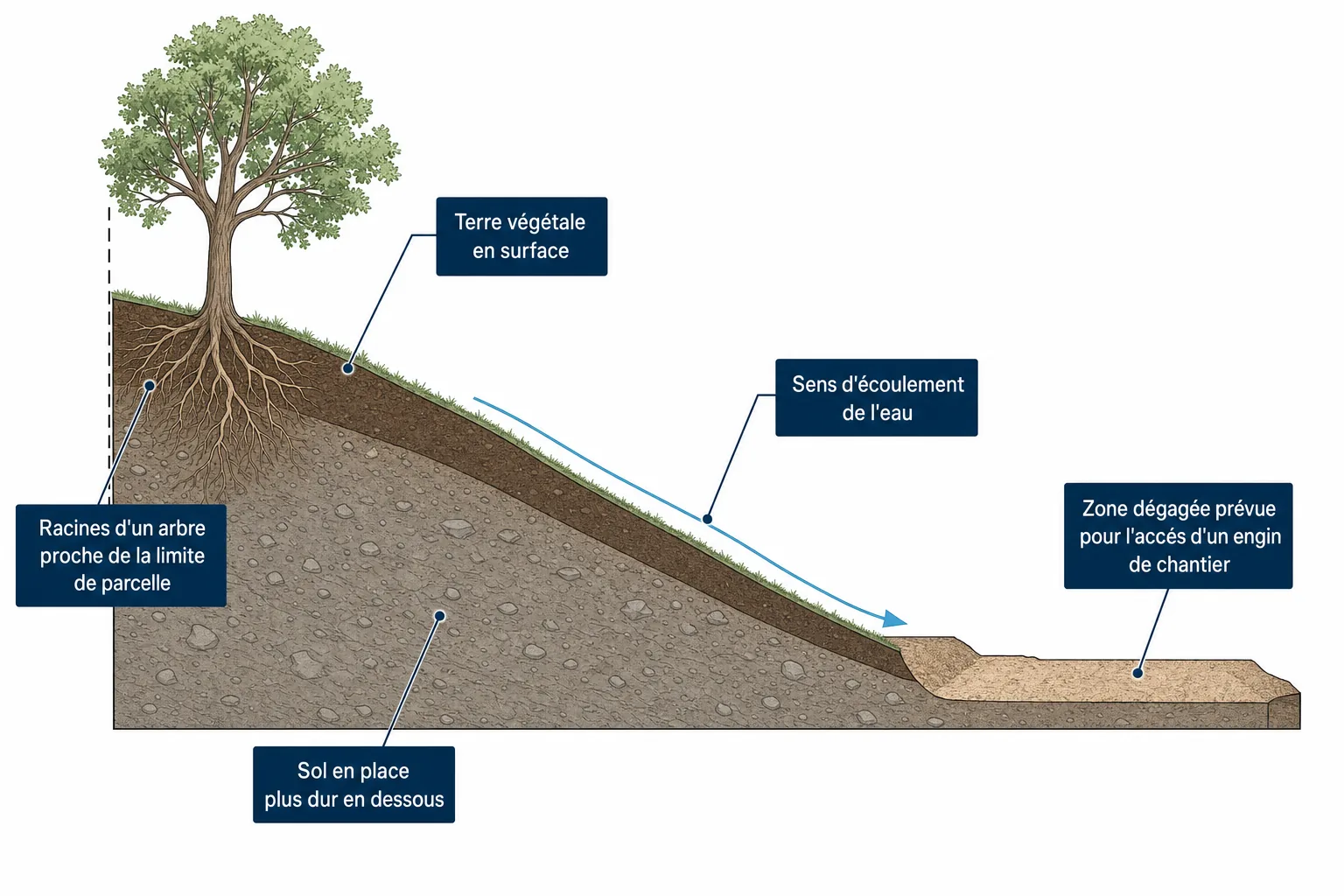 Coupe technique d'un terrain en pente avec les zones clés observées avant tout projet de terrassement