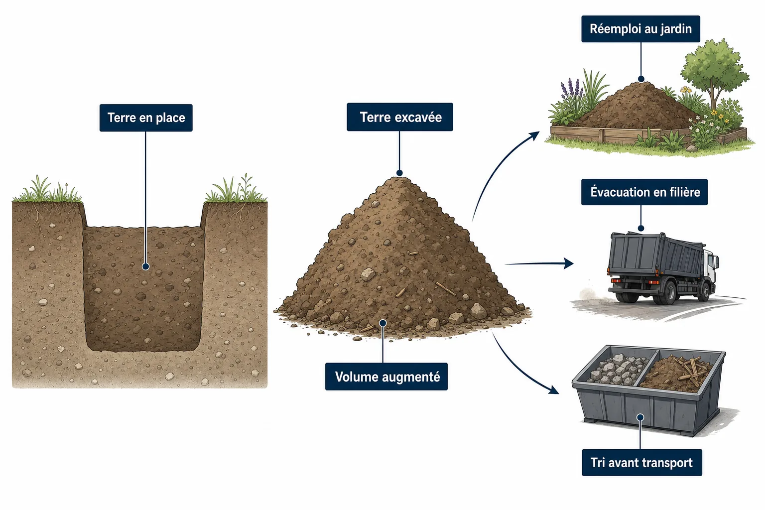 Coupe schématique montrant le volume de terre avant et après excavation, et ses trois destinations possibles.